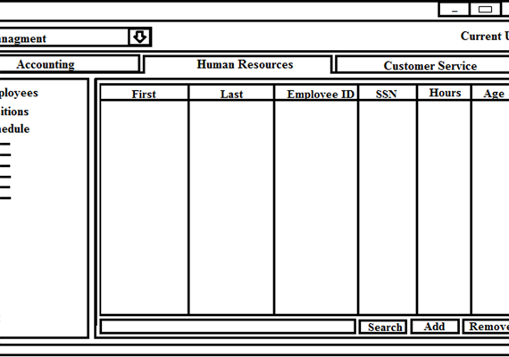First iteration interface prototype for an application developed in my Software Engineering class at Georgia State University. This is a view a manager would see in the Managment interface.